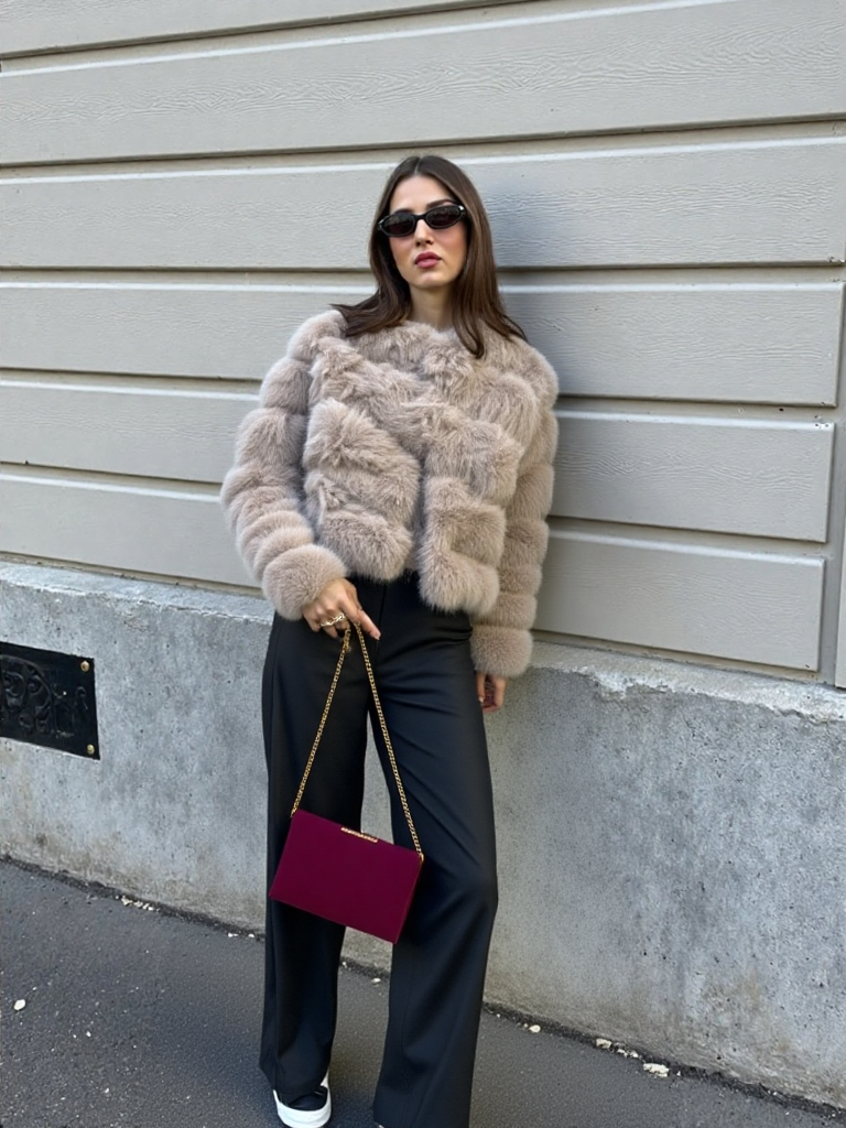 Beige Thick Faux Fur Paneled Layered Jacket