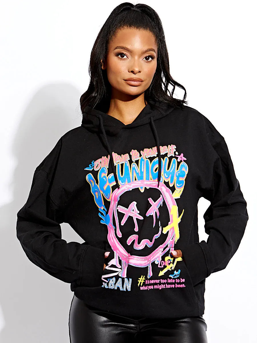 Black Be Unique Graphic Print Oversized Hoodie