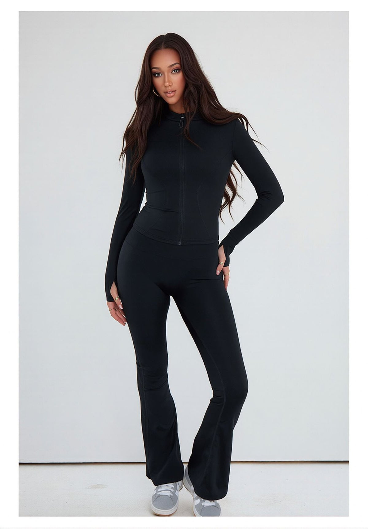 Black Contour Sculpt Flare Trousers and Zip Sports Jacket Gym Co-Ord