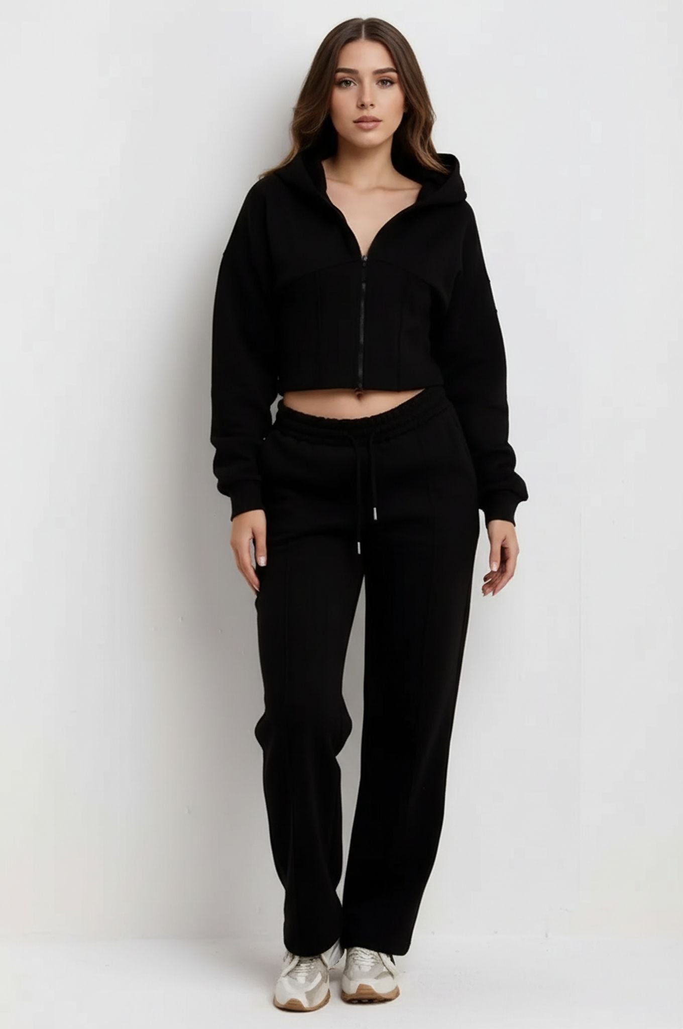 Black Corset Cropped Zip-Up Hoodie & Wide Leg Joggers Loungewear Set
