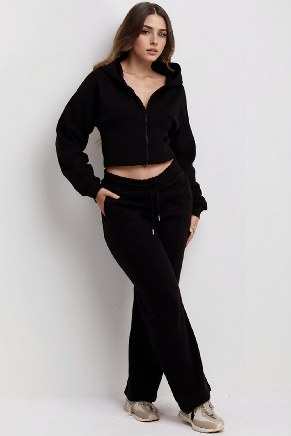 Black Corset Cropped Zip-Up Hoodie & Wide Leg Joggers Loungewear Set