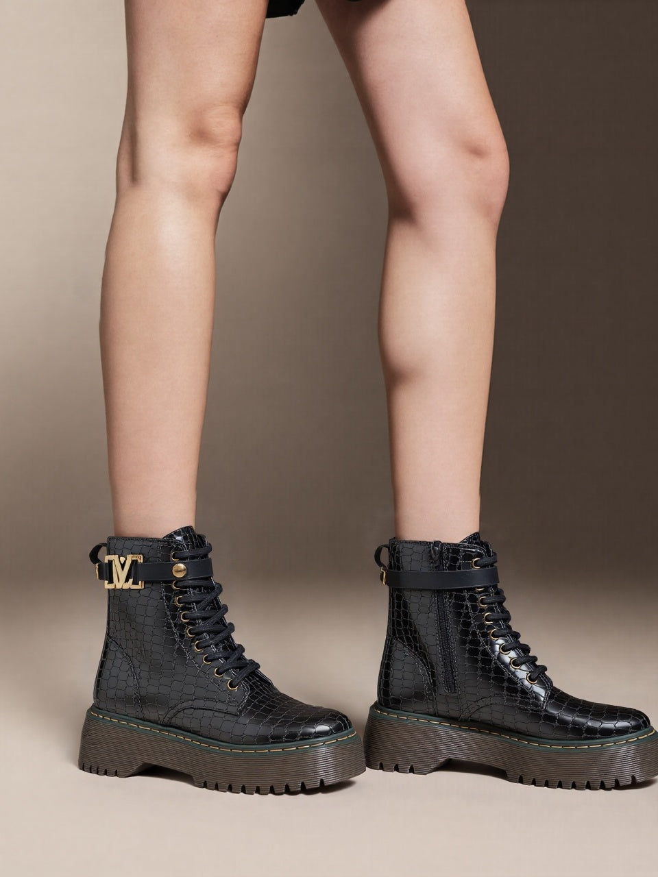 Black Croc Detail Platform Biker Boots with Strap Detail