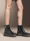 Black Croc Detail Platform Biker Boots with Strap Detail