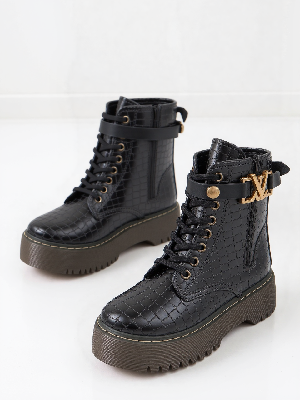 Black Croc Detail Platform Biker Boots with Strap Detail