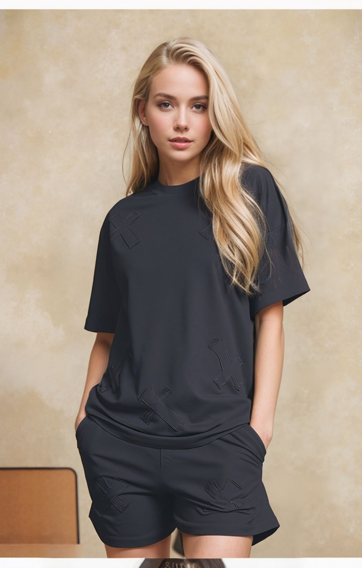Black Cross Embroidered T-Shirt & Shorts Co-ord