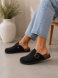 Black Everyday Comfort Mules Faux Suede Buckle Clogs with Cork Footbed