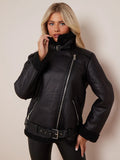 Black Faux Leather Lined Belted Aviator Jacket
