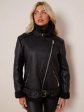 Black Faux Leather Lined Belted Aviator Jacket
