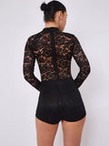 Black Lace Detail High Neck Long Sleeves Bodycon Playsuit