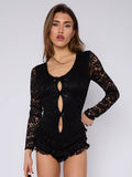 Black Lace Frill Detail Open Back Long Sleeves Bodycon Playsuit