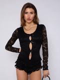 Black Lace Frill Detail Open Back Long Sleeves Bodycon Playsuit