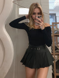 Black Leather PU Pleated Mini Tennis Skort With Belt