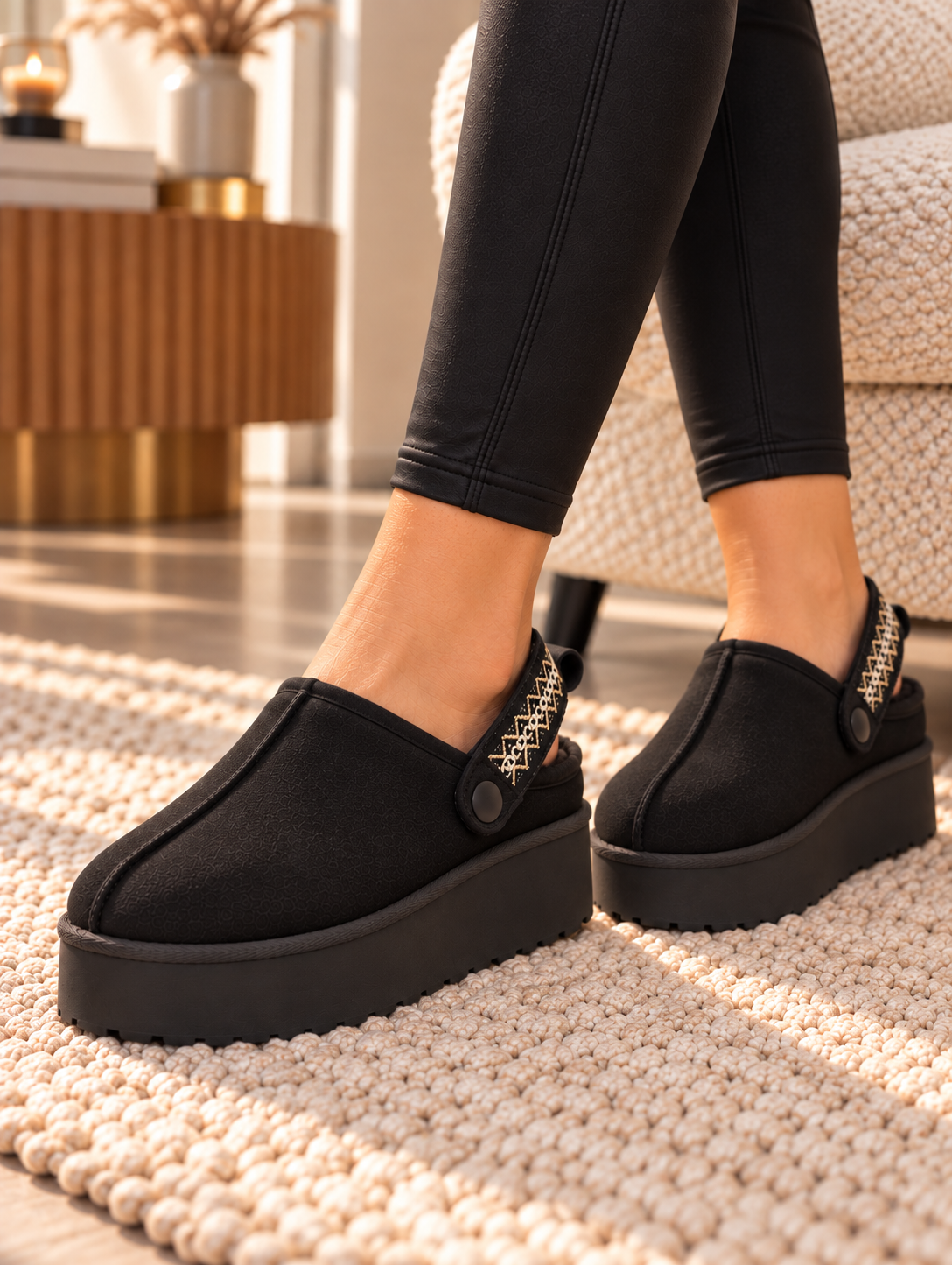 Black Platform Faux Suede Mule Clogs with Adjustable Slingback Strap