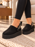 Black Platform Faux Suede Mule Clogs with Adjustable Slingback Strap