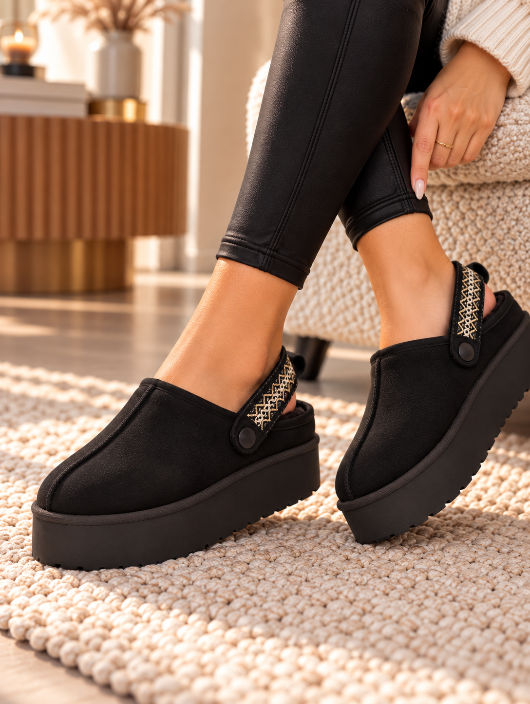 Black Platform Faux Suede Mule Clogs with Adjustable Slingback Strap