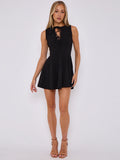 Black Pleated Tie Front A-Line Mini Dress