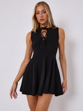 Black Pleated Tie Front A-Line Mini Dress