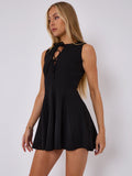 Black Pleated Tie Front A-Line Mini Dress