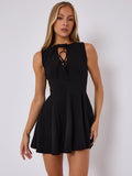 Black Pleated Tie Front A-Line Mini Dress