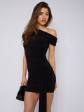 Black Ruched Detail Slinky Ruched Drape Mini Dress