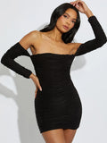 Black Slinky Ruched Back Bardot Bodycon Dress