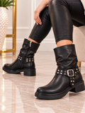 Black Slouchy Studded Buckle Biker Ankle Boots