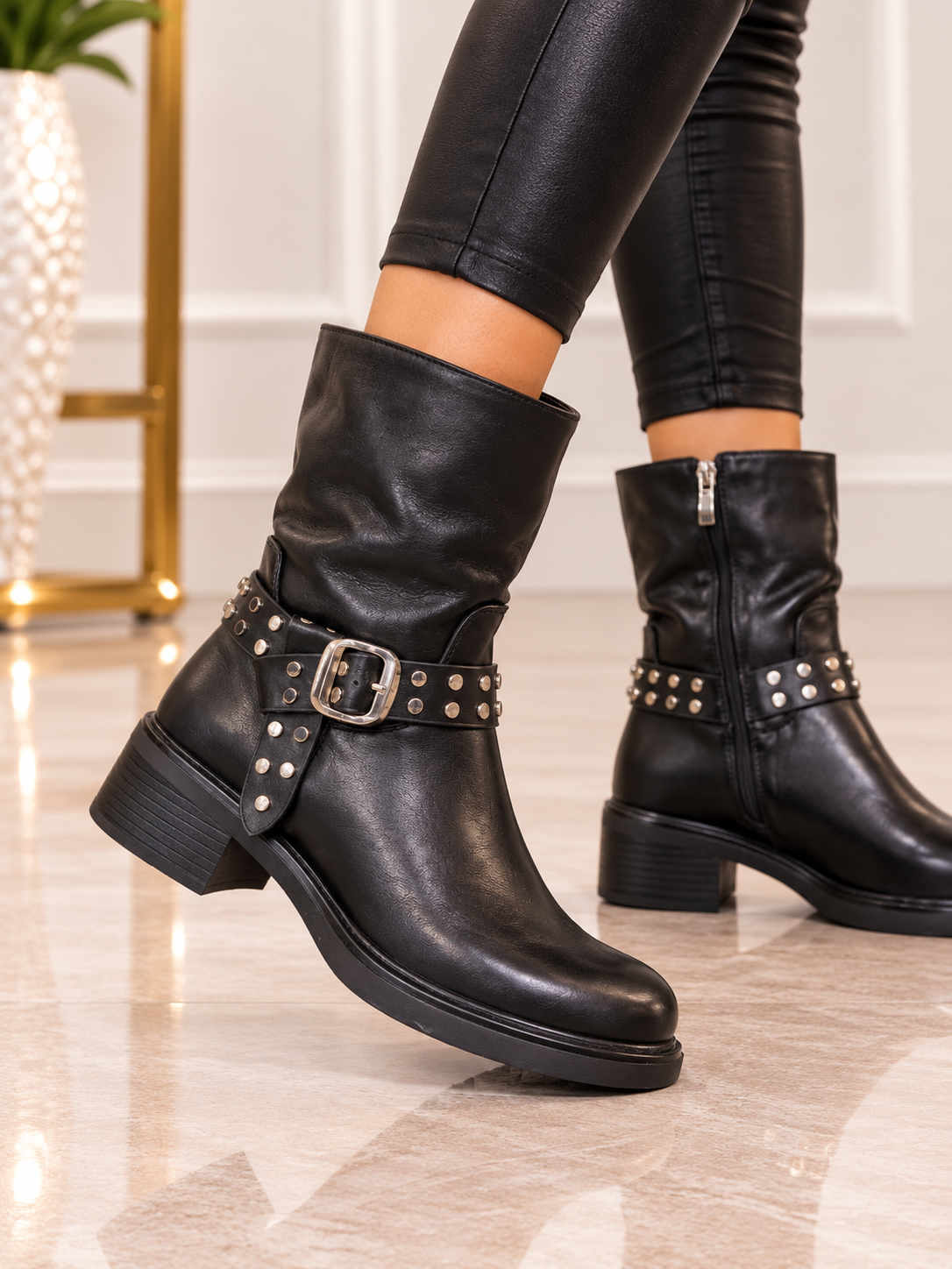 Black Slouchy Studded Buckle Biker Ankle Boots