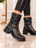 Black Slouchy Studded Buckle Biker Ankle Boots
