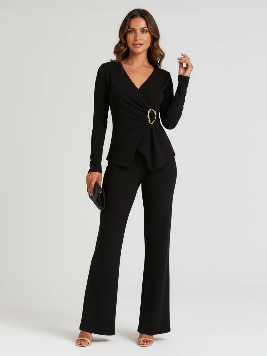 Black Wrap V-Neck Top with Buckle & Wide Leg Pants Co-ord Set