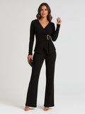 Black Wrap V-Neck Top with Buckle & Wide Leg Pants Co-ord Set