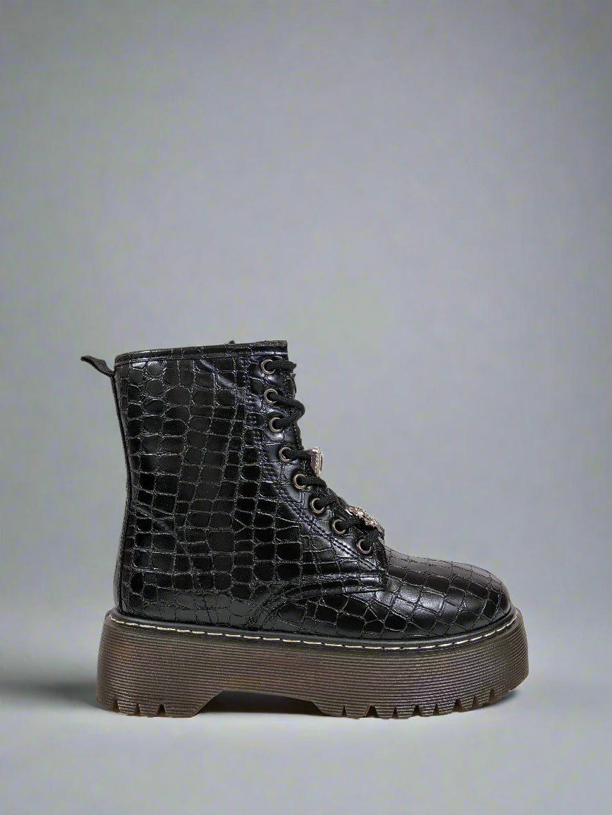 Black Croc Detail Platform Biker Boots with Rhinestone Bee and Jewel Detail