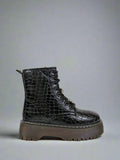 Black Croc Detail Platform Biker Boots with Rhinestone Bee and Jewel Detail