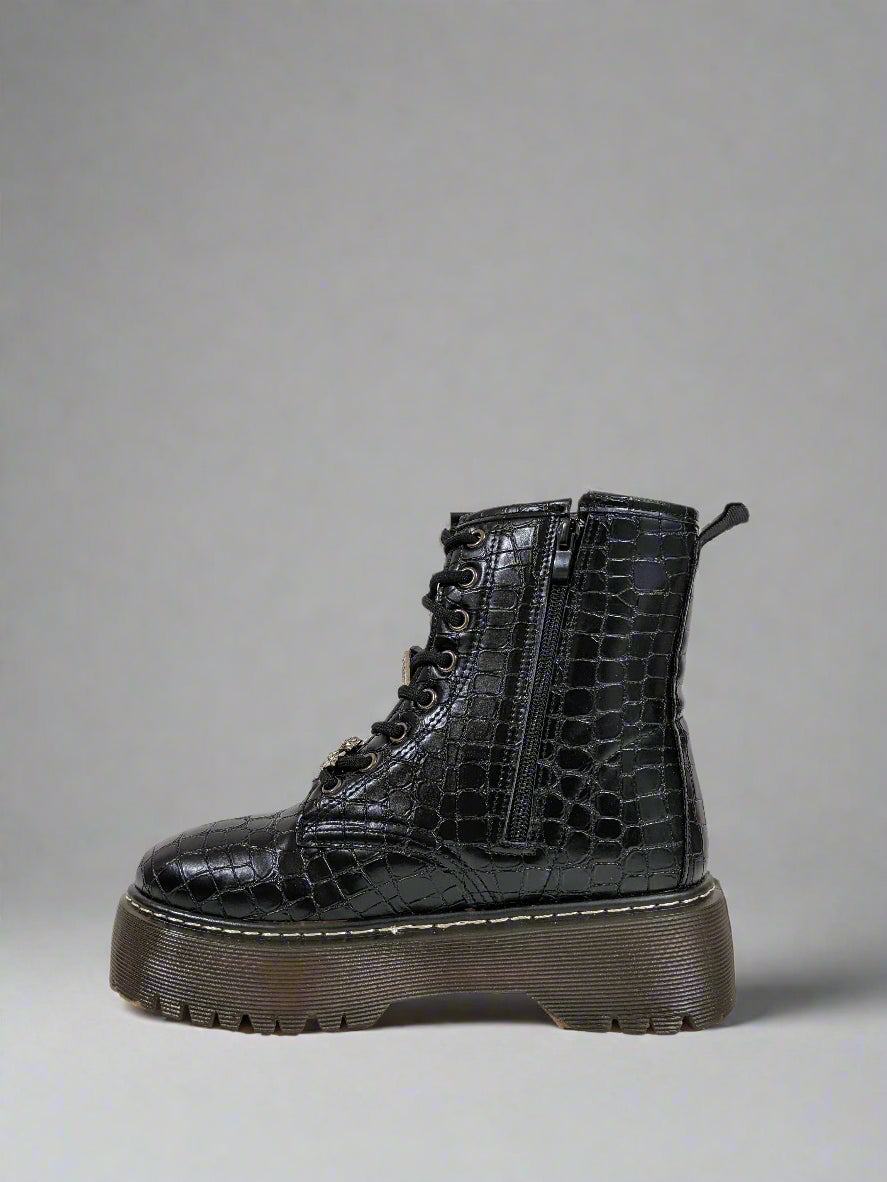 Black Croc Detail Platform Biker Boots with Rhinestone Bee and Jewel Detail