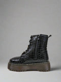 Black Croc Detail Platform Biker Boots with Rhinestone Bee and Jewel Detail