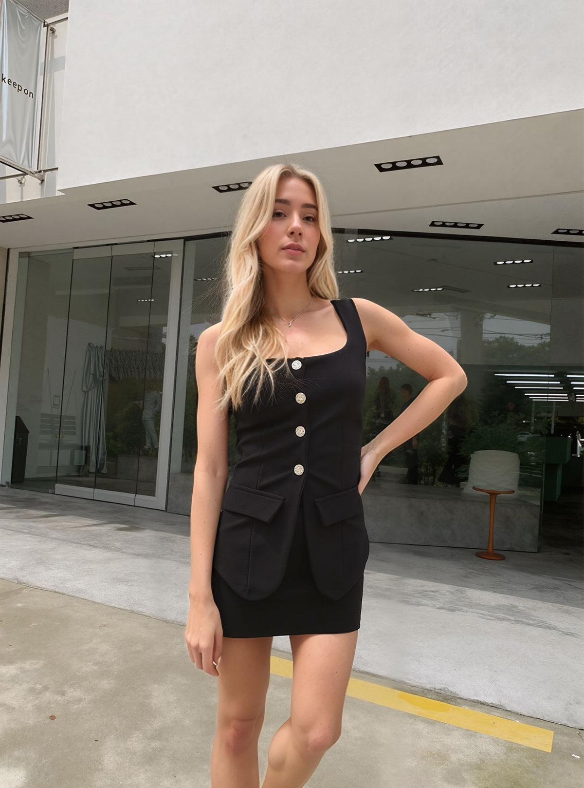 Black Longline Button Through Waistcoat & Mini Skirt Co-ord