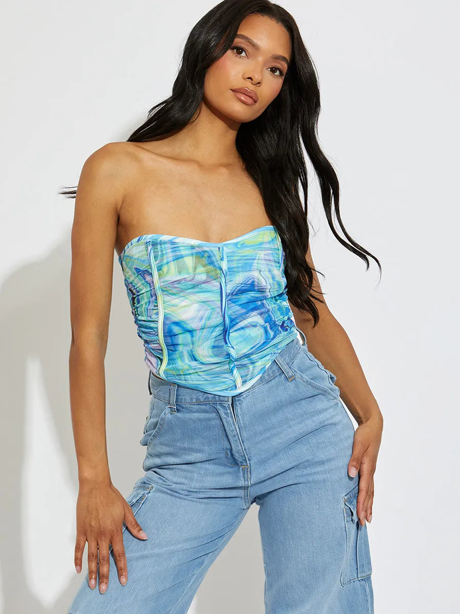 Blue Marble Ruched Mesh Bandeau Corset Crop Top
