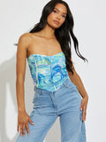 Blue Marble Ruched Mesh Bandeau Corset Crop Top