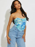 Blue Marble Ruched Mesh Bandeau Corset Crop Top