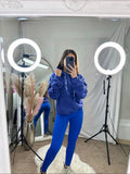 Blue Ribbon Drawstring Ruched Sleeves Fleeced Hoodie