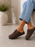 Brown Everyday Comfort Mules Faux Suede Buckle Clogs with Cork Footbed