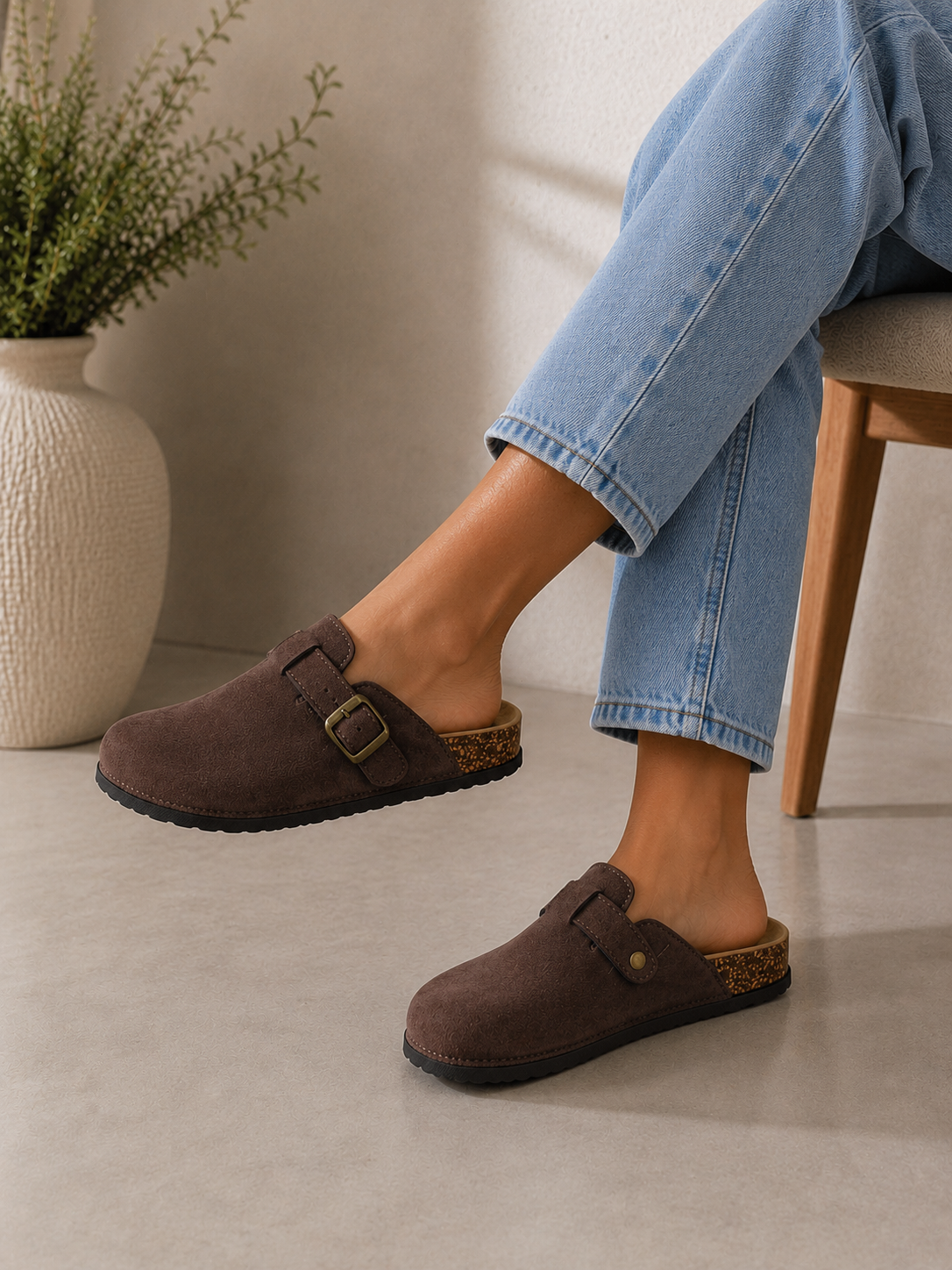 Brown Everyday Comfort Mules Faux Suede Buckle Clogs with Cork Footbed