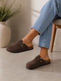 Brown Everyday Comfort Mules Faux Suede Buckle Clogs with Cork Footbed