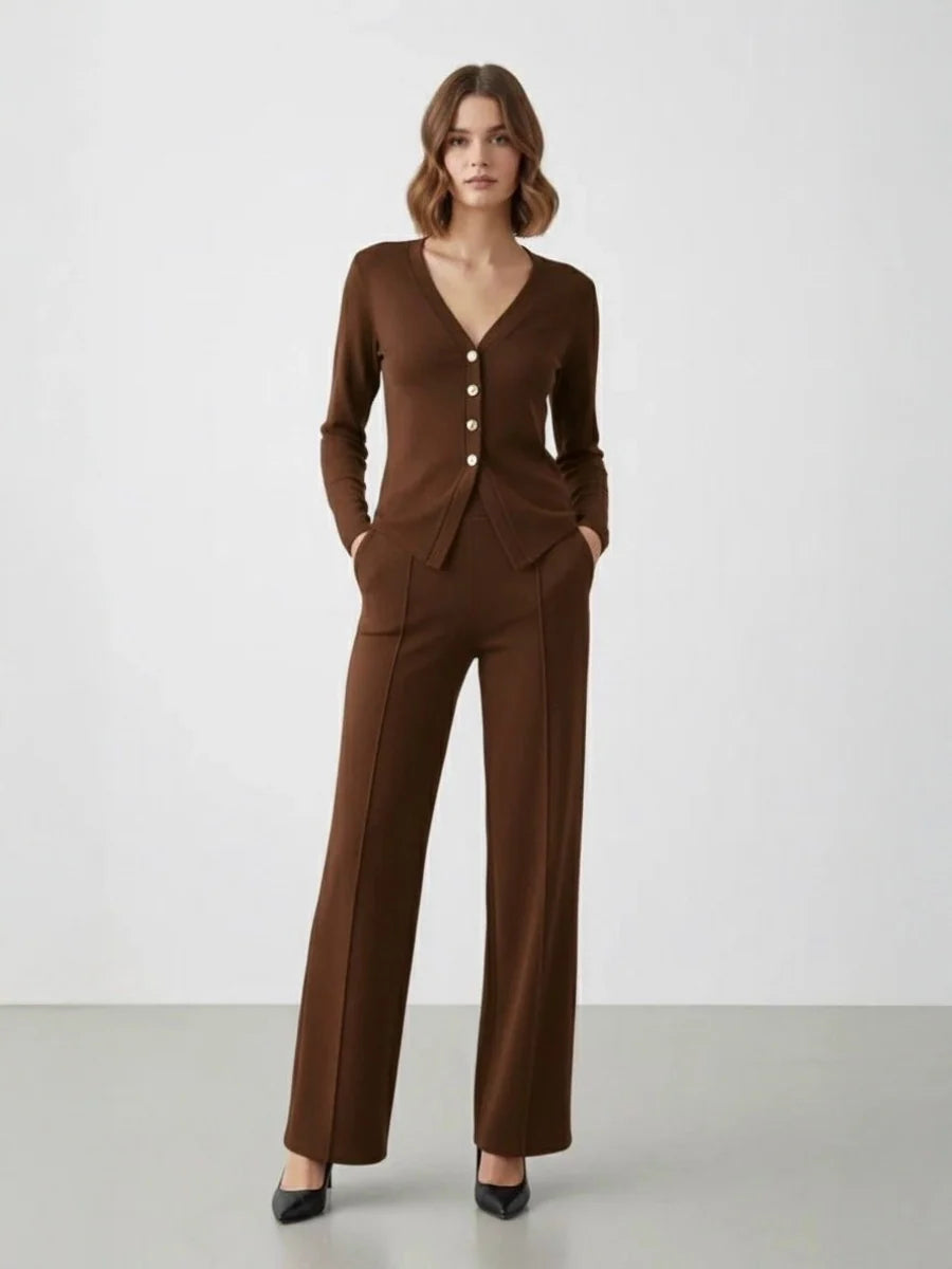 Brown Gold Button Front Long Sleeve Top & Straight Leg Pants Co-ord Set