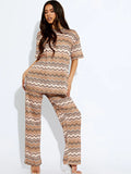 Brown Woven Zig Zag Oversized Top & Wide Leg Trouser Co-ord