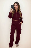 Burgundy Crop Zip Front Top & Cargo Trouser Set