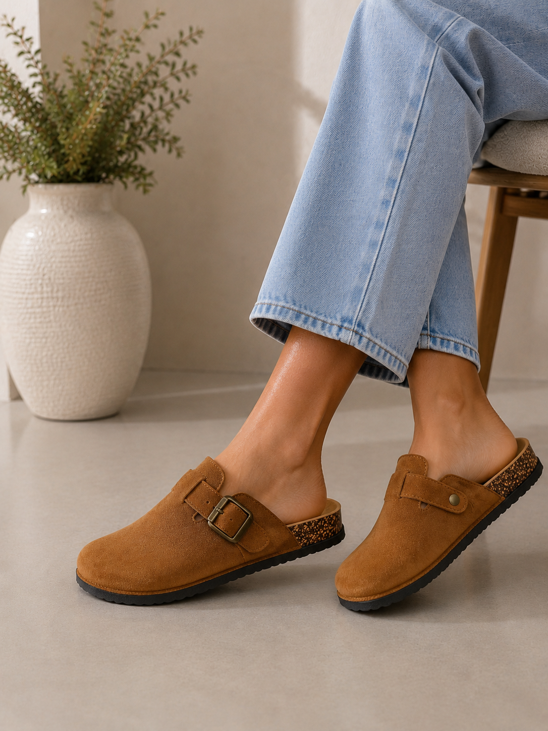 Camel Everyday Comfort Mules Faux Suede Buckle Clogs with Cork Footbed