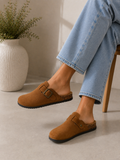 Camel Everyday Comfort Mules Faux Suede Buckle Clogs with Cork Footbed