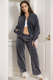 Charcoal Grey Acid Wash Oversized Bomber Zipper Loungewear Co-ord