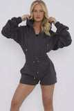 Charcoal Grey Cropped Ruched Sleeve Hoodie & Shorts Loungewear Co-ord