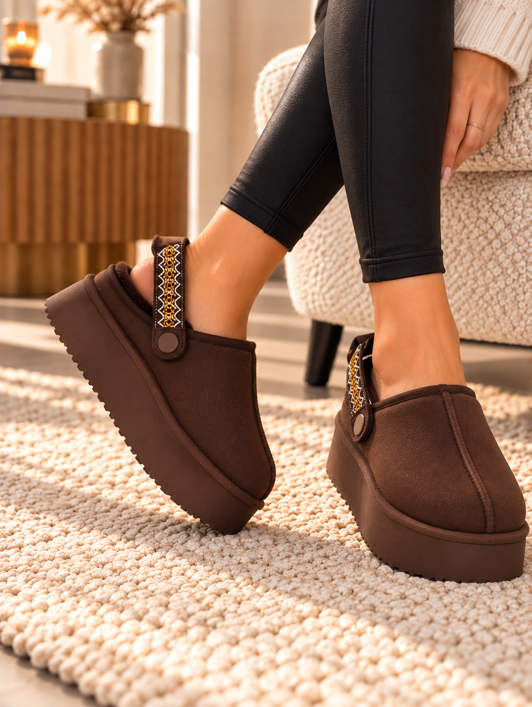 Chocolate Brown Platform Faux Suede Mule Clogs with Adjustable Slingback Strap